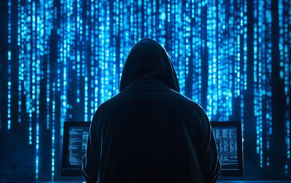 Hooded figure in front of computer screen with falling blue code backdrop