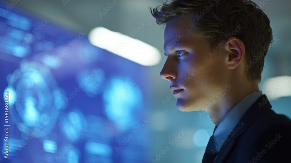 Leinwandbilder young male scientist analyzing complex digital data on futuristic high-tech interface.