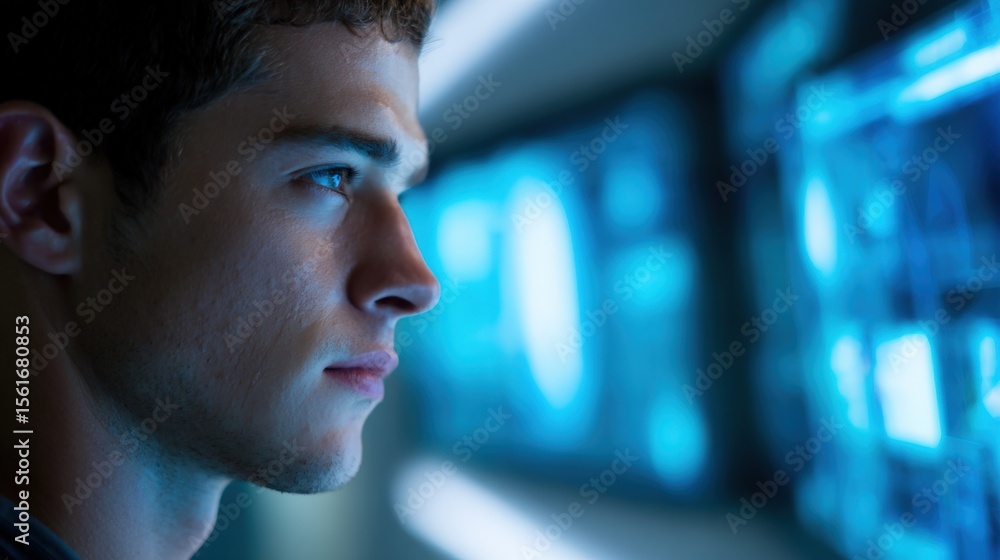 Poster Close-up of a young man analyzing data on a digital screen in a modern technology environment.