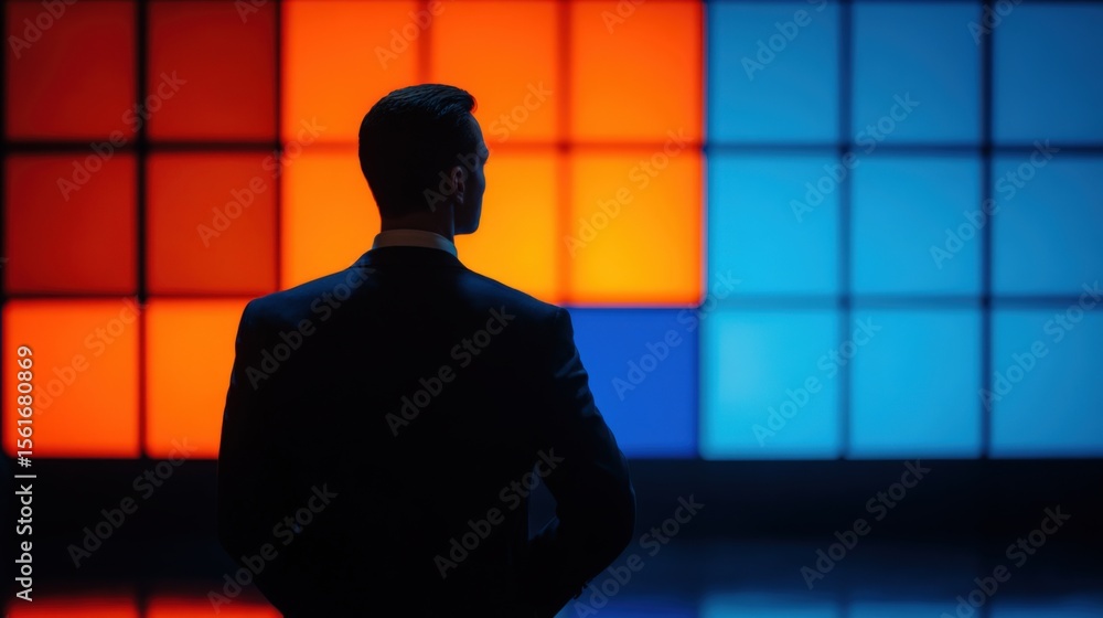 Aufkleber man standing in front of brightly colored modern abstract background at night.