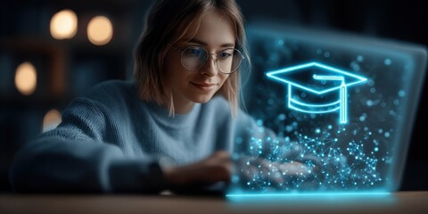 Young woman using futuristic holographic education technology with digital graduation cap.