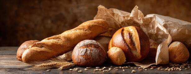 The assortment of freshly baked breads on a rustic wooden table