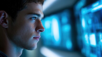 Close-up of a young man analyzing data on a digital screen in a modern technology environment.