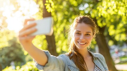 Fototapeta premium Bright Young Woman Smiling Outdoors During Daylight Taking Selfie in Green Park.