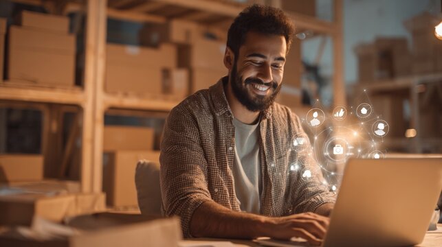 Smiling man working on laptop with digital icons in warehouse storage environment.