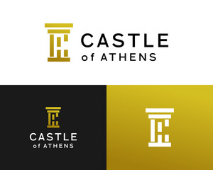 CA Castle of Athens letter design logo with golden column and modern typography