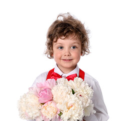 Cute little boy with bouquet of beautiful peonies on white background