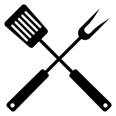 Fototapeta premium Logo bbq. Herramientas de barbacoa y parrilla. Utensilios de barbacoa. Icono silueta de espátula cruzada con tenedor