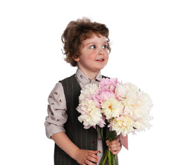 Cute little boy with bouquet of beautiful peonies on white background
