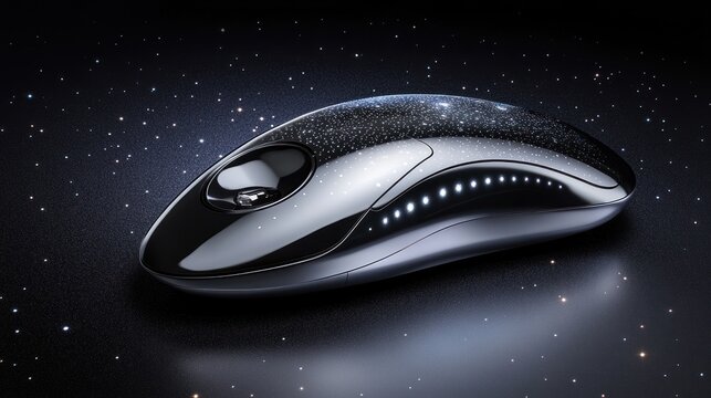 Sleek, futuristic computer mouse, glittering with embedded lights