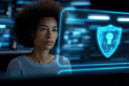 Woman with curly hair in cyberspace digital security technology futuristic scene.