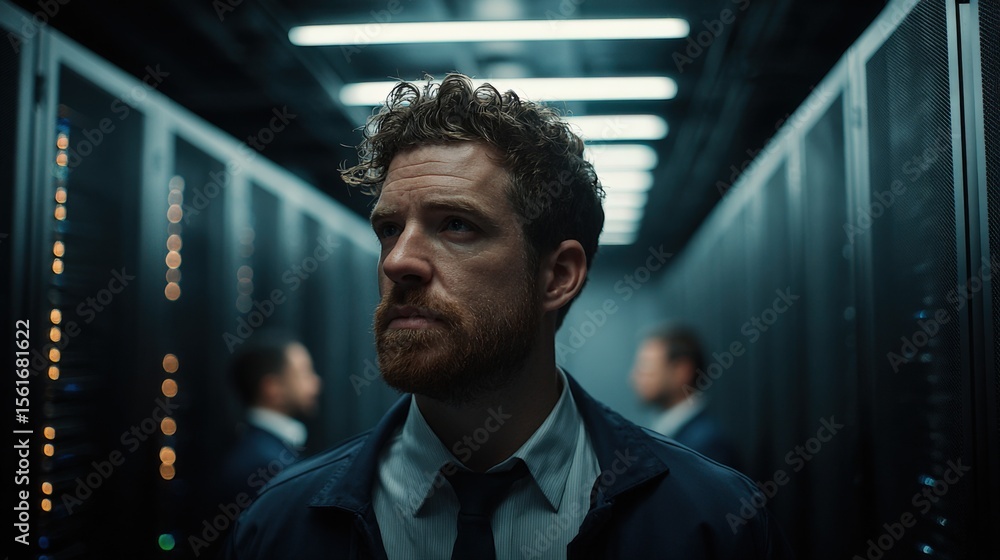 Poster Man with beard and serious expression in data center server room with cooling racks.