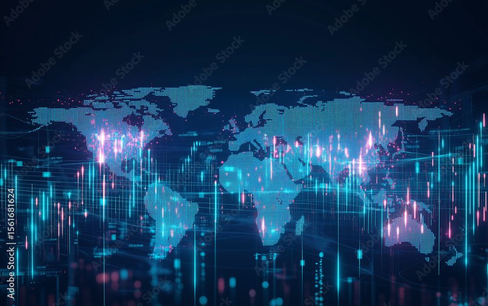 Poster glowing world map overlayed with data charts and rising vertical lines