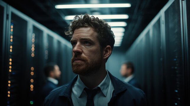 Man with beard and serious expression in data center server room with cooling racks.