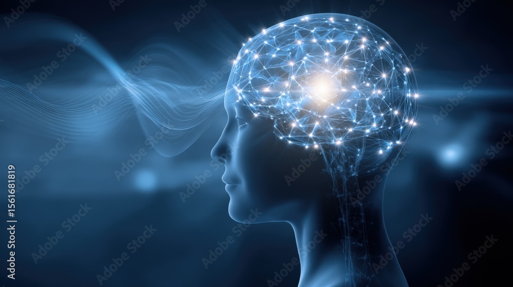 Poster futuristic digital human brain with glowing network connections and neural technology.