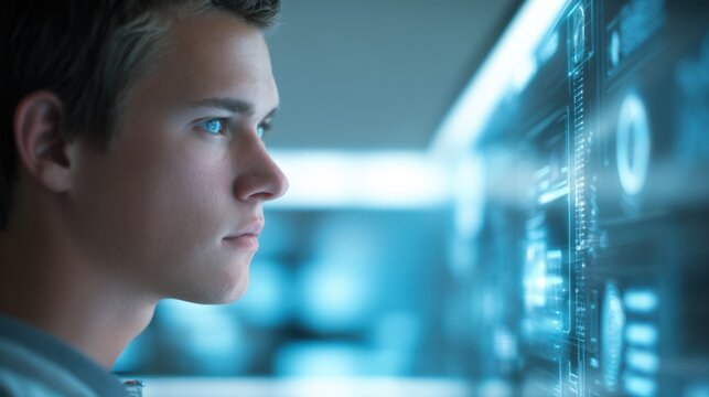 Young man analyzing futuristic digital interface on high-tech touchscreen device in modern environment.