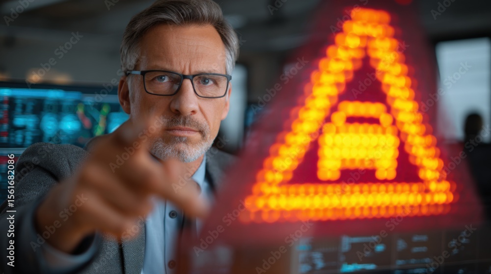 Poster businessman pointing at illuminated warning sign with electronic data display in modern office space
