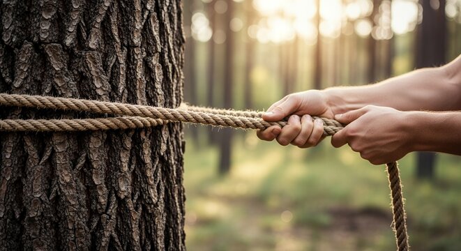 Strong Hands Pulling Thick Rope Tied to Tree Trunk in Forest