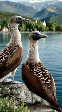 Discover blue-footed boobies resting by the tranquil waters of the Galapagos Islands surrounded by lush greenery and scenic mountains