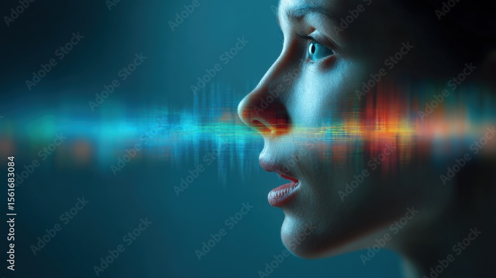 Poster close-up of a woman's face with a colorful glowing digital reflection background.