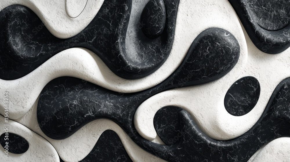 Aufkleber abstract biomorphic tile design featuring black and white organic shapes with smooth flowing forms, 