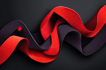 Abstract design of overlapping red and dark-gray ribbons on a dark background.  Dynamic curves and folds create a sense of movement and depth