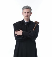 Judge with mallet in court dress on white background