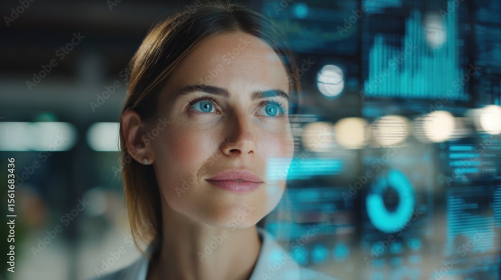 Poster Woman Analyzing Digital Data and Graphs on Large Screen for Business and Technology Insights.