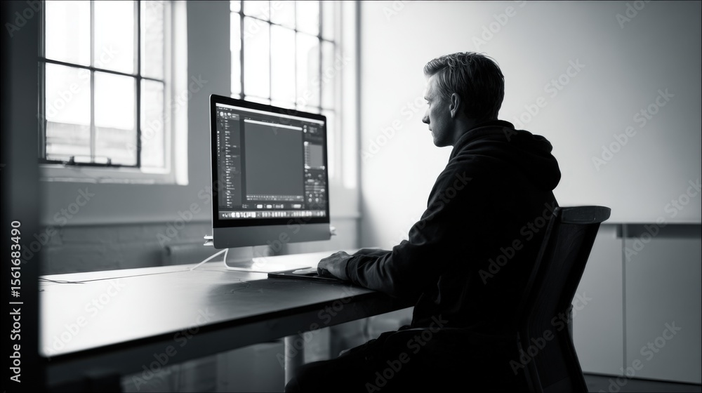Aufkleber Man Working on Computer in Modern Office with Natural Light and Large Windows.