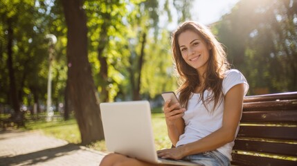 Young woman sitting on park bench using smartphone and laptop in sunny outdoor setting.