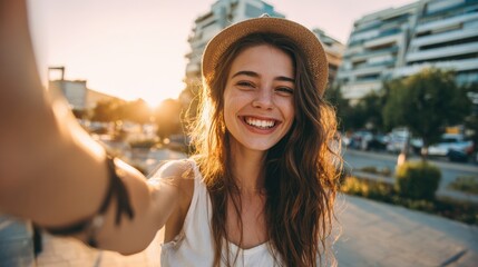 Happy young woman taking selfie outdoors in city park during sunset with buildings.