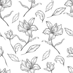 Intricate blooms and slender leaves trace flowing lines on crisp white exuding organic finesse and a tranquil cadence rooted in nature’s quiet sophistication © papatong