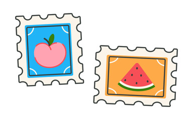 Postage stamp, vector illustration. Cute bright postmarks with peach and watermelon fruits. Paper marks with borders for envelopes, letters. Clipart for stickers, scrapbooking, print. Cartoon doodle