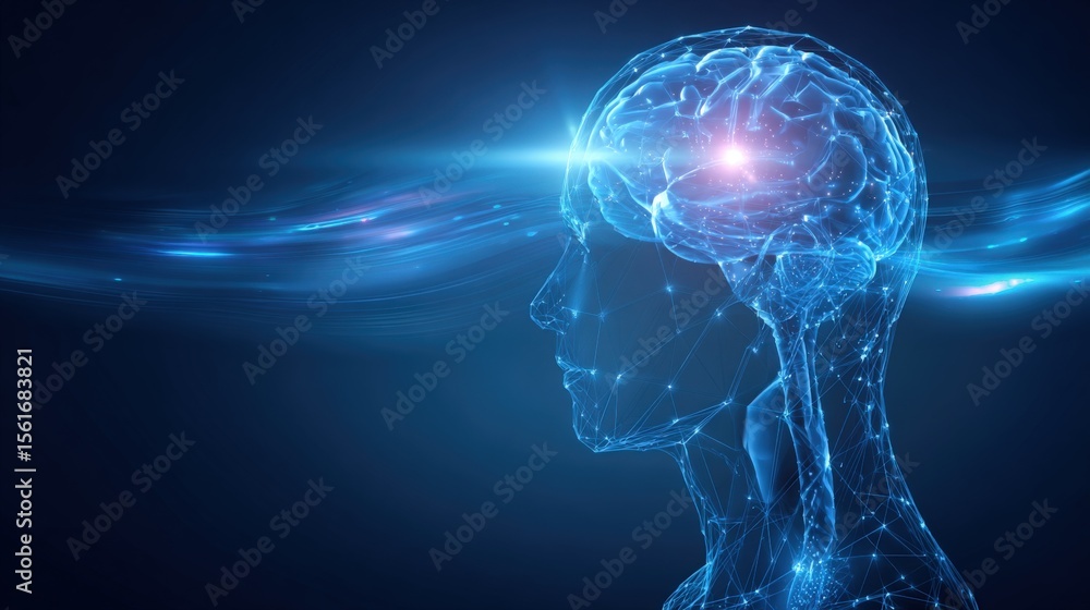 Poster detailed digital illustration of a futuristic human head profile with glowing brain and neural netwo