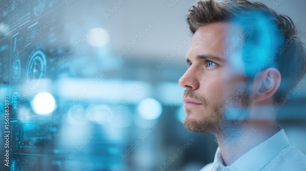 Poster professional businessman analyzing digital data on futuristic transparent screen.