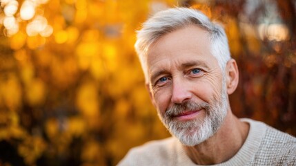Close-up Portrait of Elderly Man with Gray Hair and Beard Smiling Outdoors in Autumn.