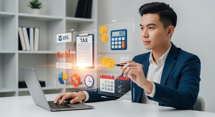 Person Using Laptop with Big Hologram Tax Form, Calculator and Financial – Digital Accounting Concept