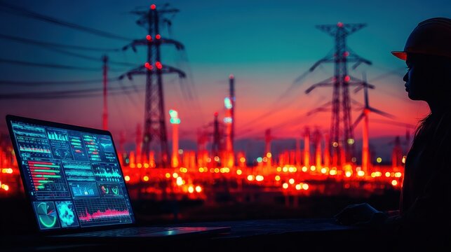 Technician Monitoring Power Grid Infrastructure at Sunset with High Voltage Towers.