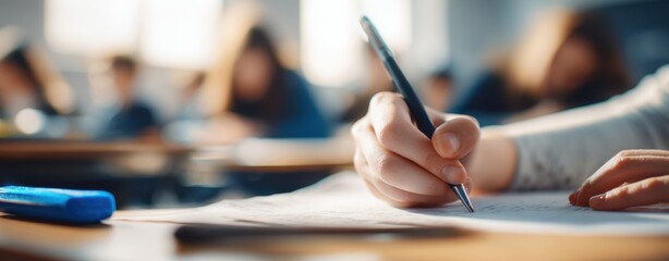 The student focused on writing in a busy classroom during an exam