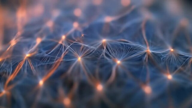 Close-up view of intricate seed network, glowing golden-orange seed-heads interconnected by delicate, translucent fibers against a deep blue-gray backdrop.  Abstract beauty