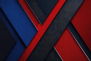 Abstract geometric design with intersecting, layered shapes in vibrant colors of red, blue, and dark grey/black