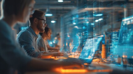 Group of diverse professionals working on digital data analysis in high tech office environment.
