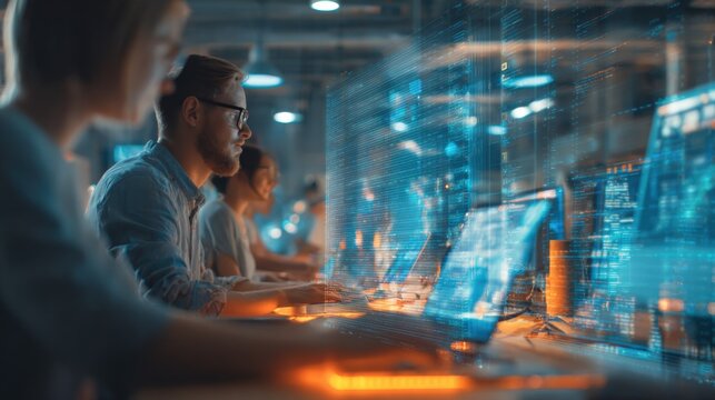Group of diverse professionals working on digital data analysis in high tech office environment.