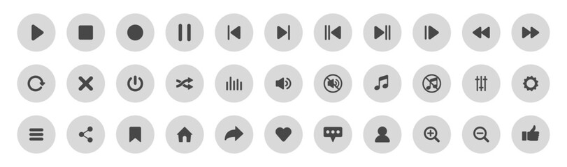 Media player icon set, video and audio interface buttons, multimedia symbols, music and sound control elements, play and pause signs, vector collection on transparent background