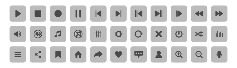 Media player icon set, video and audio interface buttons, multimedia symbols, music and sound control elements, play and pause signs, vector collection on transparent background