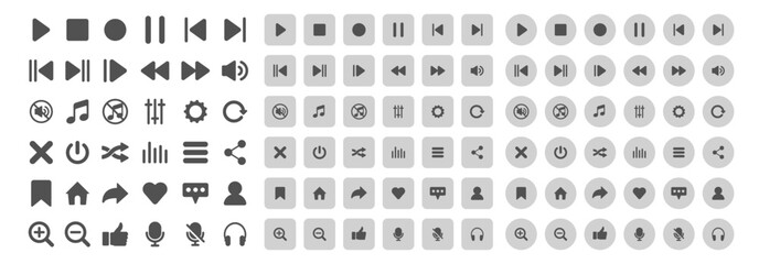Media player icon set, video and audio interface buttons, multimedia symbols, music and sound control elements, play and pause signs, vector collection on transparent background