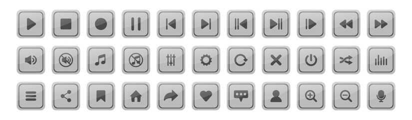 Media player icon set, video and audio interface buttons, multimedia symbols, music and sound control elements, play and pause signs, vector collection on transparent background