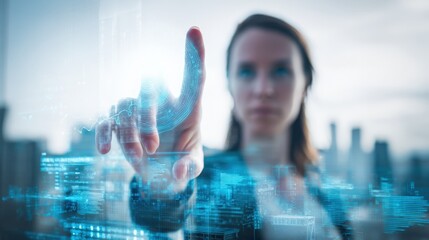 Businesswoman interacting with virtual touch interface in modern technology environment.