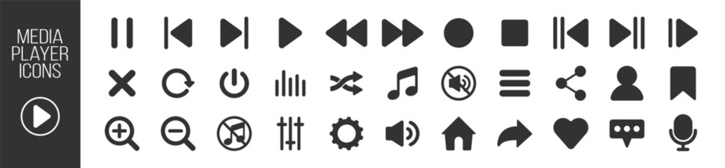 Music and sound icon set, media player icons collection, video player and cinema icons, multimedia interface template, online broadcasting and live stream mockup on transparent background © Alex