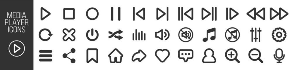 Media player icon set, video and audio interface buttons, multimedia symbols, music and sound control elements, play and pause signs, vector collection on transparent background